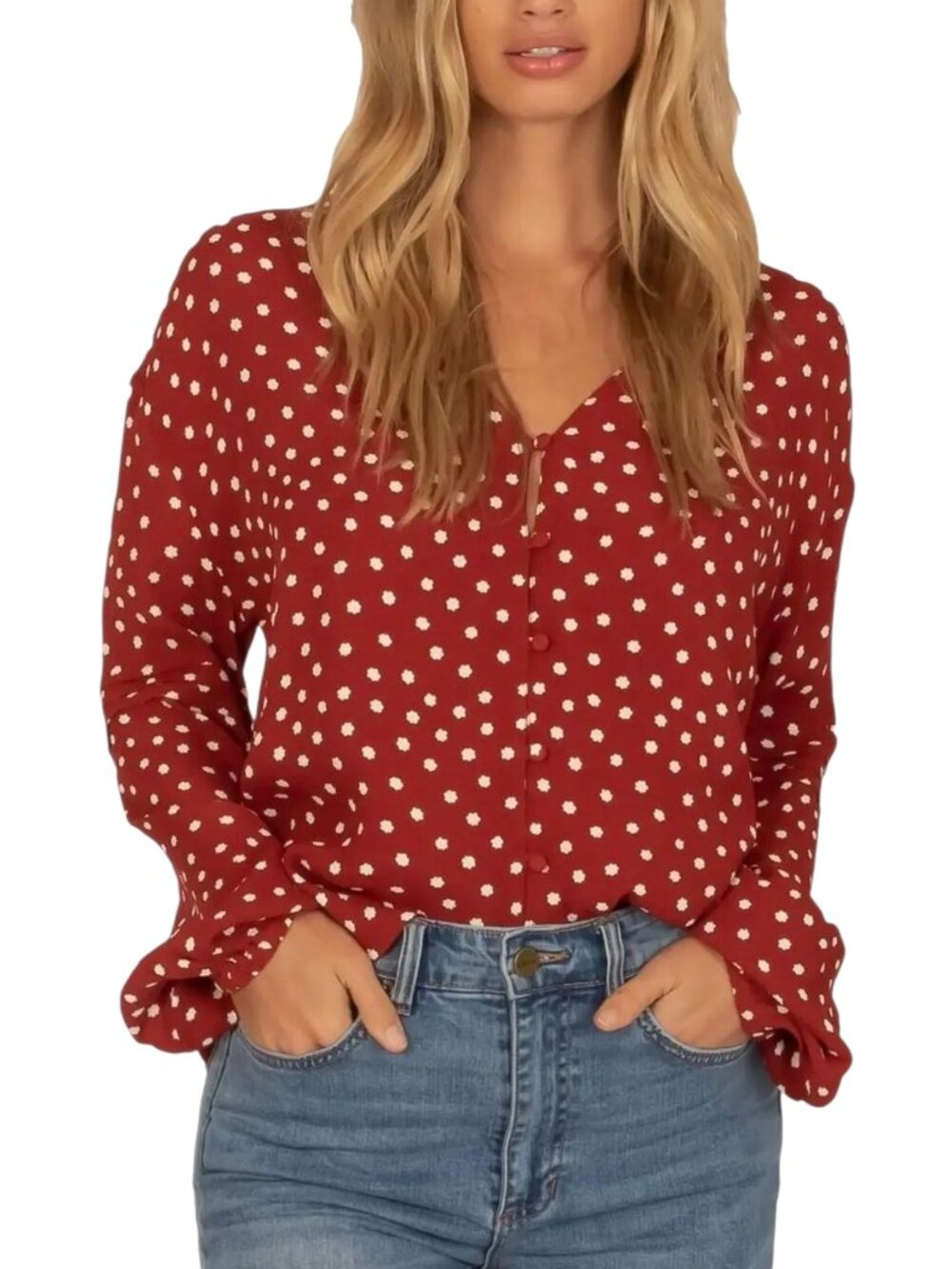 NWT Amuse Society Aria Red Polka Dot Blouse Relaxed Fit